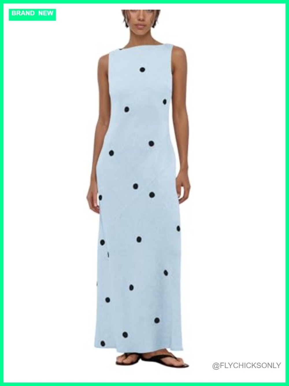 Cotton Linen Polka Dot Sleeveless Boat Neck Open Back Maxi Dress